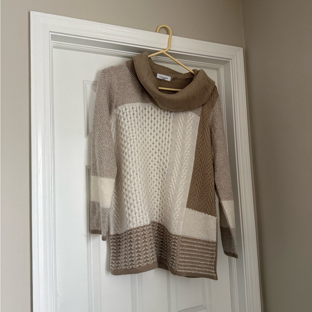 Calvin Klein Women's Cowl Neck Patchwork Sweater - Brown and Cream